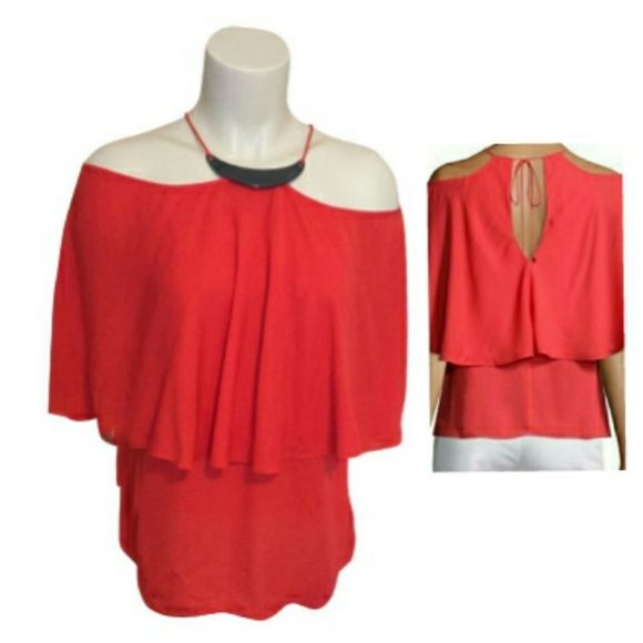 Halston Women's Red Flowy Top W Hardware - Picture 2 of 10